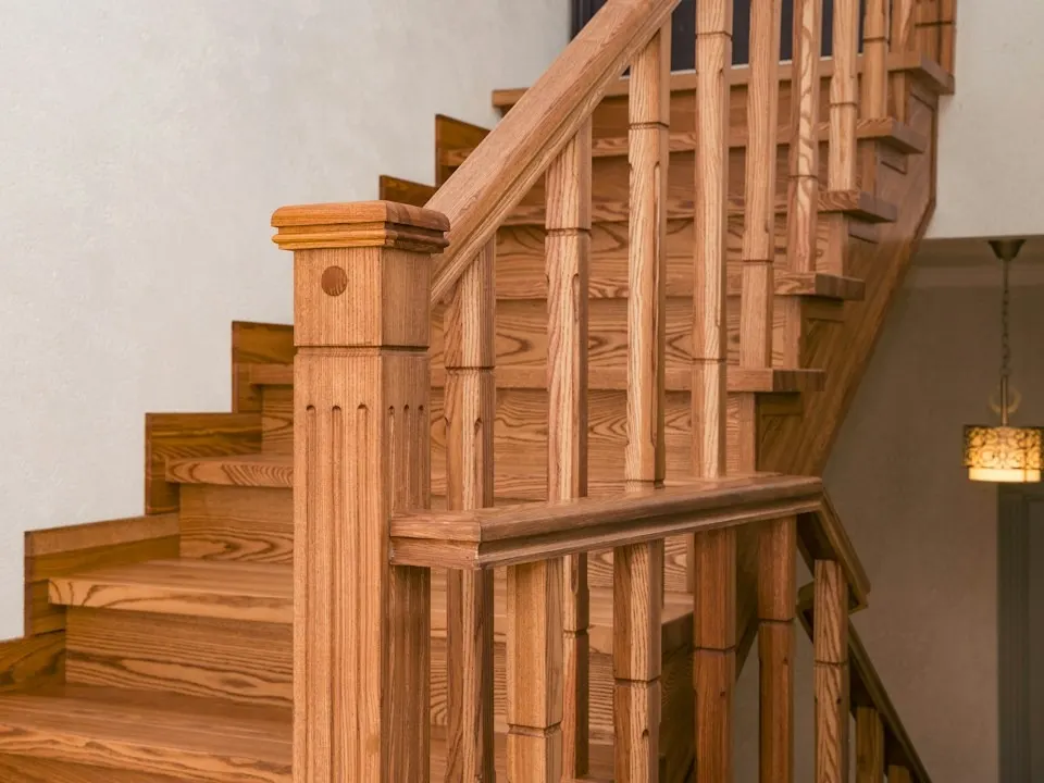 Een houten trap met gedraaide spijlen en een trappaal
